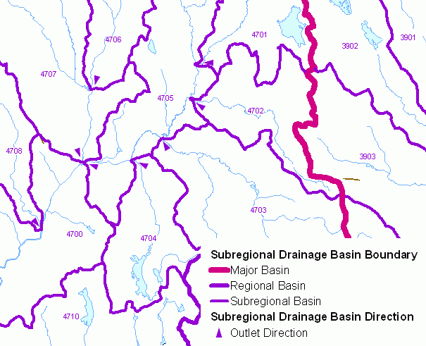 Example of Subregional Drainage Basins with Subrational Drainage Basin Direction arrows