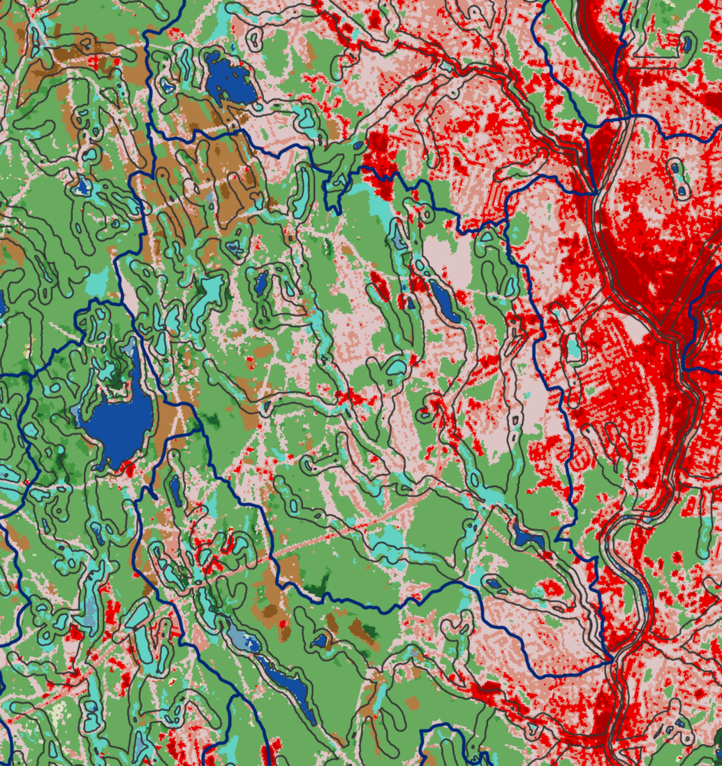 a graphic of a watershed with lakes and river